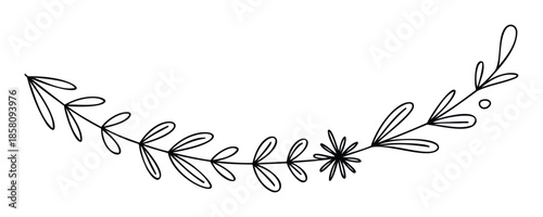 Minimalist hand drawn botanical branch with simple leaves and a small flower perfect for elegant wedding invitations greeting cards and branding