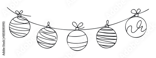 Elegant continuous line drawing of festive Christmas ornaments strung together, ideal for seasonal greetings, winter holiday celebration graphics, and festive adornment.
