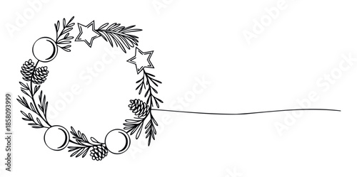 Continuous line drawing of a festive Christmas wreath adorned with pine branches, stars, and ornaments, perfect for winter holiday greeting decorations or seasonal celebration graphics.