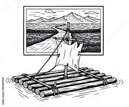 Hand drawn black and white linocut style artwork depicting a sturdy wooden raft with a sail floating on water, set against a framed scenic mountain river landscape, perfect for survival and