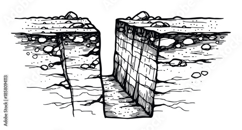 Engraved style cross section of ground revealing soil layers, scattered rocks, and intricate root systems alongside a profound vertical fracture, ideal for educational content or scientific