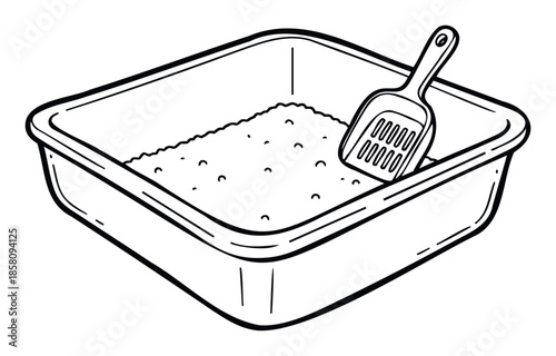 A simple line drawing of a cat litter box with a scoop for pet hygiene and animal care essentials useful for pet supply stores or veterinary clinic informational materials.