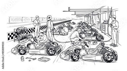 Energetic scene of a karting race team preparing gokarts in a busy pit garage, showing mechanics and drivers working on vehicles, suitable for motorsport, racing, and automotive industry