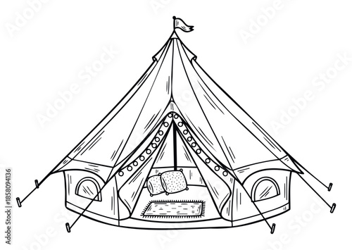 Hand drawn black and white line drawing of a cozy bell tent with pillows and a rug inside, perfect for outdoor adventure themed projects, camping promotions, or travel blog graphics.