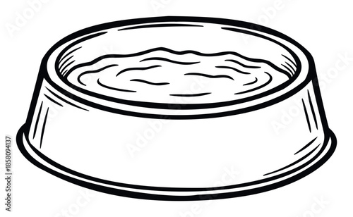 Simple black and white line drawing of a pet water bowl filled with liquid, perfect for animal care guides, veterinary resources, or pet shop promotional materials.
