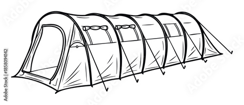 Detailed black line drawing of a large expedition camping tent with multiple rooms and windows, perfect for outdoor adventure brochures, travel guides, or survival gear illustrations
