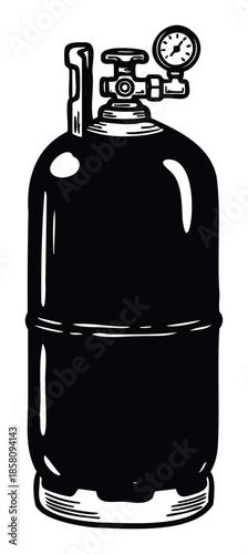 Black silhouette of a gas cylinder with a regulator and pressure gauge, suitable for industrial safety concepts, energy supply presentations, and residential heating advertisements.