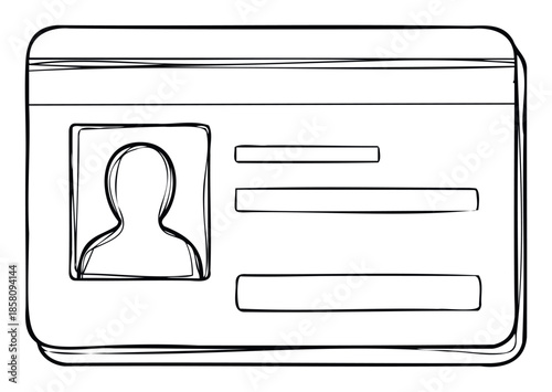 Line drawing of a blank identification document with space for a profile picture and personal information, ideal for educational materials, security system representations, or office supply