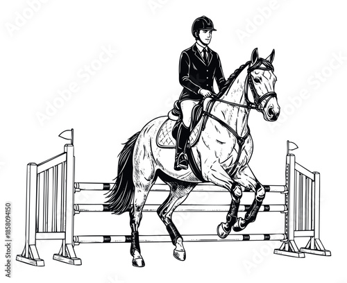 Dynamic black and white graphic showing an equestrian rider and horse leaping over a show jumping obstacle, perfect for sports event promotion or horseback riding club branding.