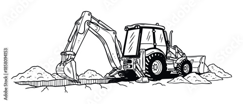 Heavy construction equipment backhoe loader excavating earth on a building site for infrastructure development or road construction projects