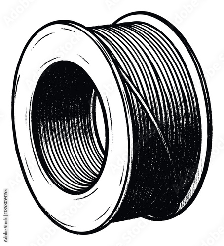 Monochromatic hand drawn graphic of a spool wound with wire, suitable for illustrating industrial supplies, electrical work, or crafting and DIY project materials.