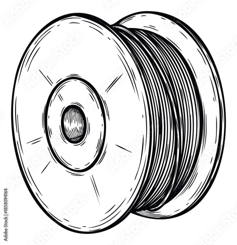 Classic hand drawn black and white rendering of an industrial spool for winding cables or wires, useful for engineering, manufacturing, production, or construction related projects.