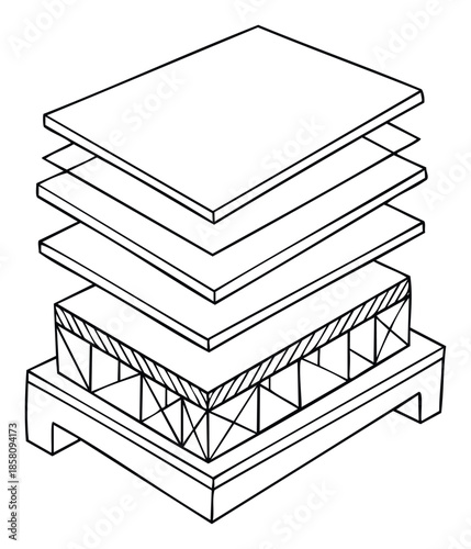 Exploded view diagram illustrating structural layers, insulation, and panels of a building component for educational materials, architectural planning, construction guides, or engineering