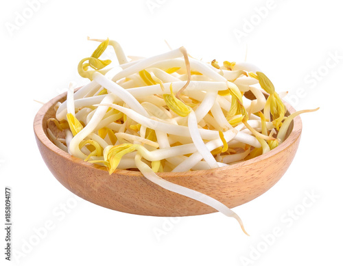 Fresh Bean Sprouts in a Wooden Bowl Isolated on White Background.