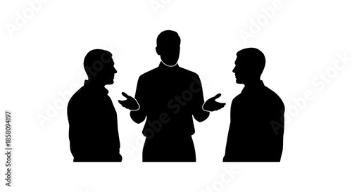 Three Men Standing and Talking in Group Discussion or Argument Vector Silhouette Set