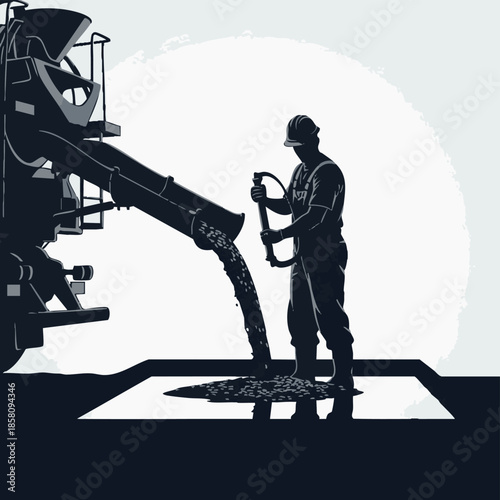 Construction Worker Pours Concrete from Mixer Truck.