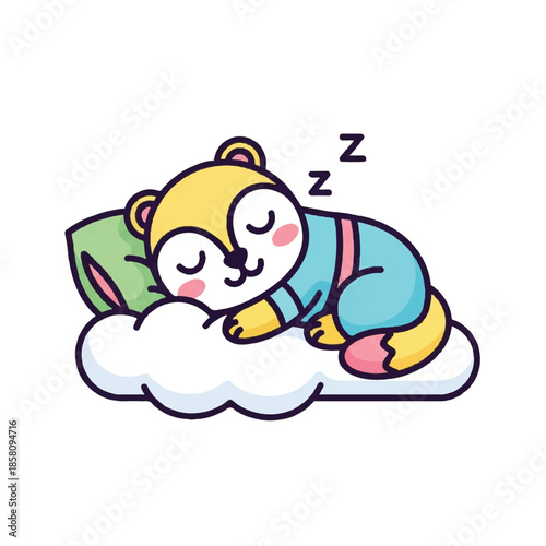 A cartoon bear sleeps peacefully on a cloud with a pillow