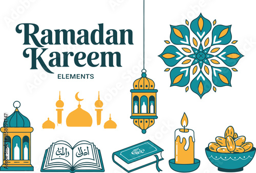 Ramadan Kareem with mosque lanterns book candle dates