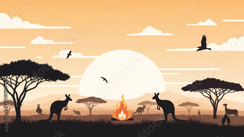 Wild animals gathered around a campfire under a serene savannah sunset with trees and birds flying overhead.