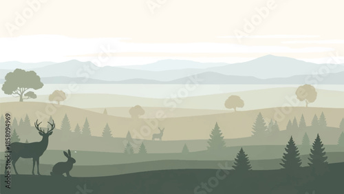 A serene forest landscape with deer and trees in the distance viewed from a hilltop