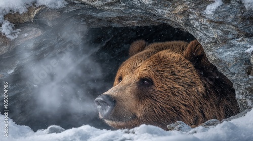 Ursine emerging from icy den during frosty conditions shows visible breath