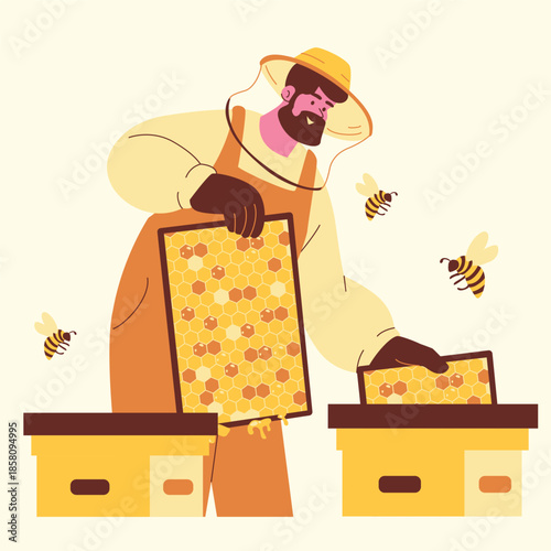 beekeeping equipment and honey illustration
