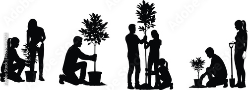 Silhouette set of people planting trees, gardening men women and family, environmental nature growth concept, cad drawing flat vector illustration