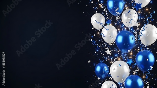Celebration with blue and white balloons and confetti