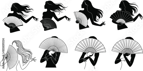 Silhouette set of women with hand fans, beautiful girl with long hair, traditional dancer pose, cad drawing flat vector illustration