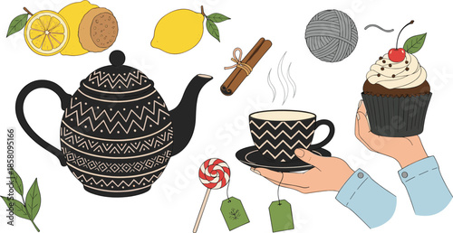 Tea time illustration set with teapot cup cupcake lemon cinnamon and sweets cozy hand drawn style