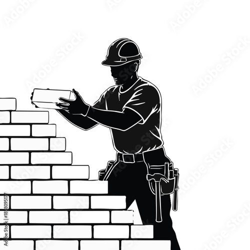 Bricklayer building wall with brick.