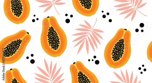 Papaya fruit seamless pattern tropical exotic food background colorful cartoon illustration design