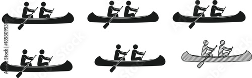 Canoe icon set, two people rowing boat, water sport silhouette, stick figure kayaking, outdoor recreation vector collection, black isolated symbol
