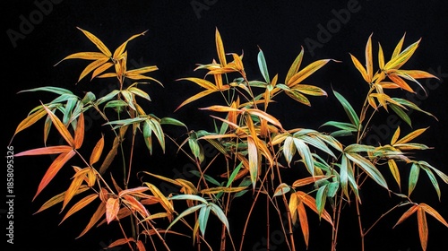 Variegated bamboo foliage displays vibrant warm and cool colors against a deep black background