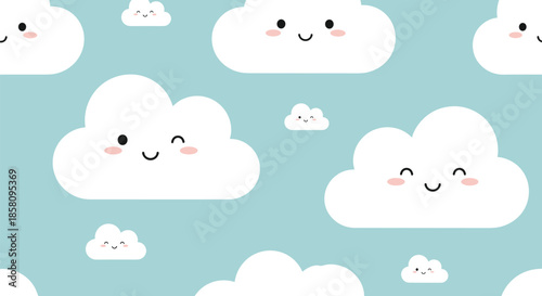 Sweet seamless background for children with smiling white clouds floating in a serene light blue sky for nursery or fabric prints.