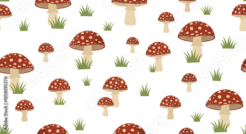 Cute repeating pattern of red amanita mushrooms and small grass tufts on a plain white background for forest themed designs.