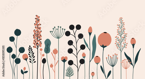 Elegant botanical border illustration with stylized wildflowers and berries in muted earth tones on a soft beige background.