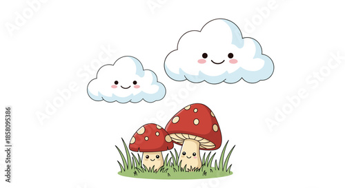 Charming illustration of two smiling clouds floating above cute red mushrooms in a patch of grass over a clean white background.