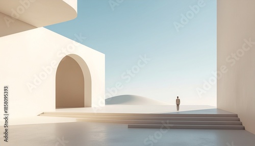 Figure in Minimalist Architecture Overlooking Expansive Horizon