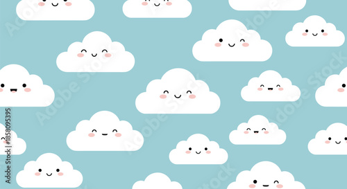 Peaceful seamless pattern with multiple smiling white clouds scattered across a bright blue background for nursery or bedroom decor.