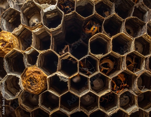 A close-up of a papery, hexagonal wasp nest with larvae and some adults in the honeycombed structure