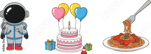 Cute cartoon astronaut birthday cake with balloons and spaghetti food icons playful illustration set