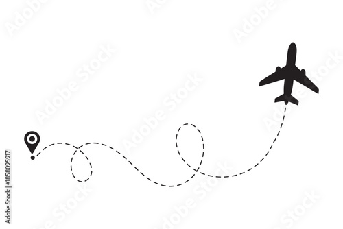 The flight path of the aircraft from the point of location along the dotted line. Flight route from a waypoint with an airplane silhouette. Vector illustration.