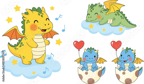 Cute cartoon baby dragons set singing flying and hatching from eggs magical fantasy illustration
