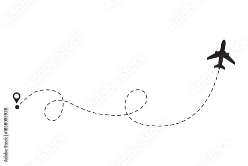 The flight path of the aircraft from the point of location along the dotted line. Flight route from a waypoint with an airplane silhouette. Vector illustration.