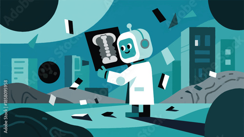 An Illustration Of X-Ray Topography Scattered In The Background And An Animated Doctor Robot Looking At Some X-Ray Results In His Hand Vector Design Template