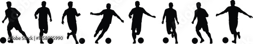 Dynamic soccer player silhouettes showing football actions, dribbling skills, movement, and athletic performance in modern sports illustration