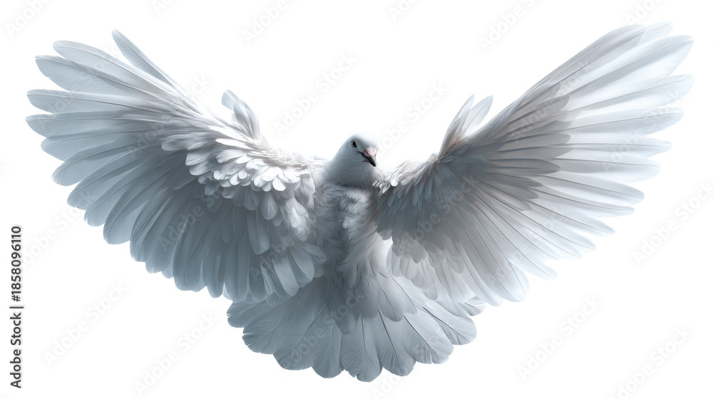 Obraz premium Majestic white dove captured in graceful flight with expansive wings spread wide, symbolizing peace and freedom for inspirational projects and spiritual themes.