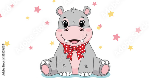 Cute cartoon baby hippopotamus sitting with bow tie adorable animal character illustration isolated