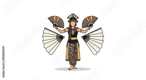 Traditional Dancer with Elaborate Headdress and Multiple Fans.